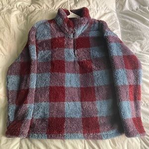 Women’s, blue & red, plaid teddy jacket.